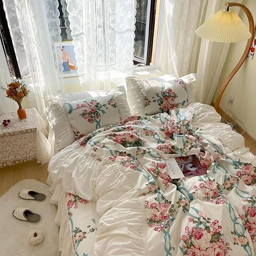 Miniatura 2 de LELVA Juego de funda de edredón con diseño de arrugas vintage, diseño floral, romántico, con volantes, para niñas, 4 piezas, falda de cama blanca