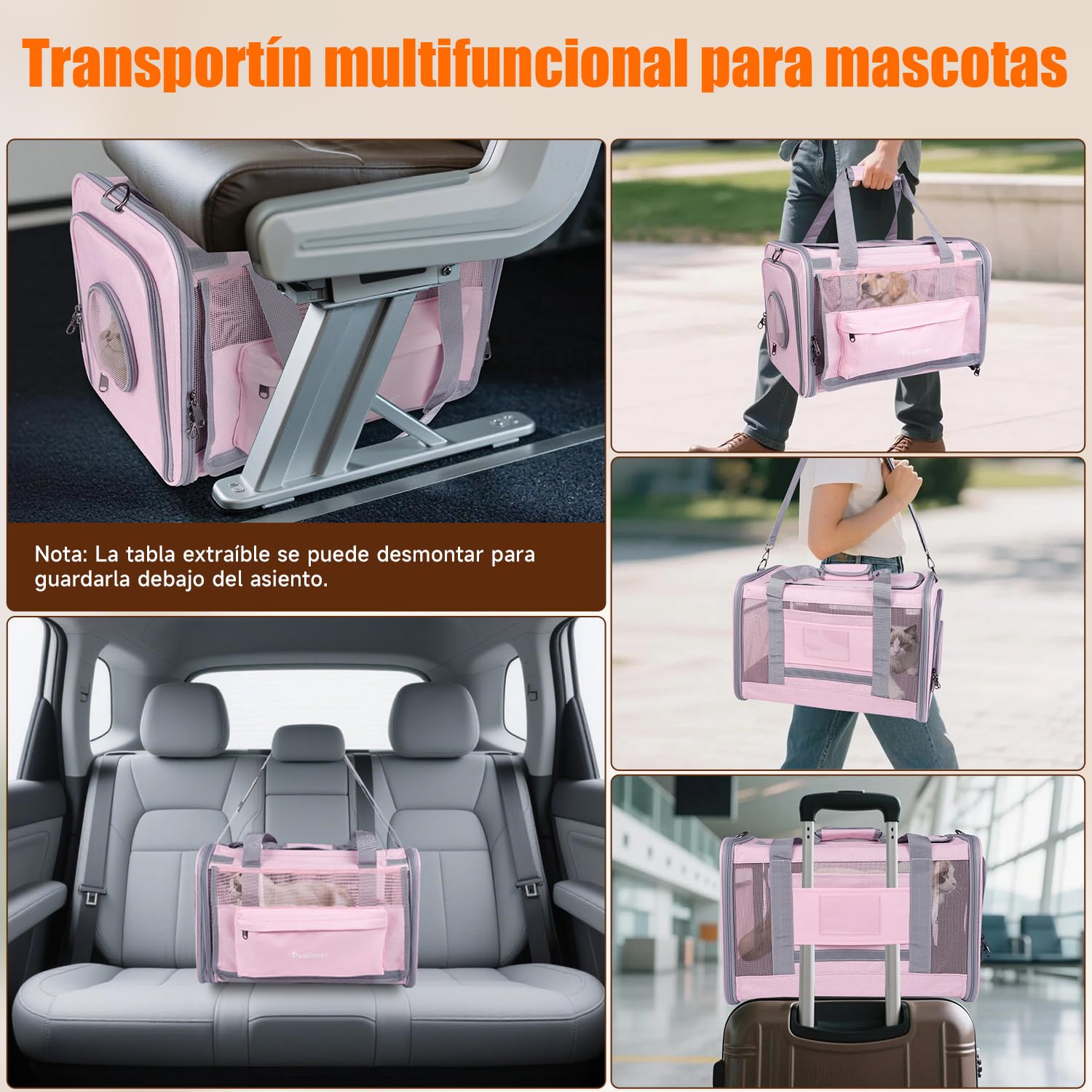 Nueva Bolsa Transporte Transpirable para Mascotas 45x33x33 cm | Transportín para Mascotas con Ruedas Desmontables y Correa Ajustable, para Mascotas Pequeñas y Medianas de hasta 9 kg (Rosa)