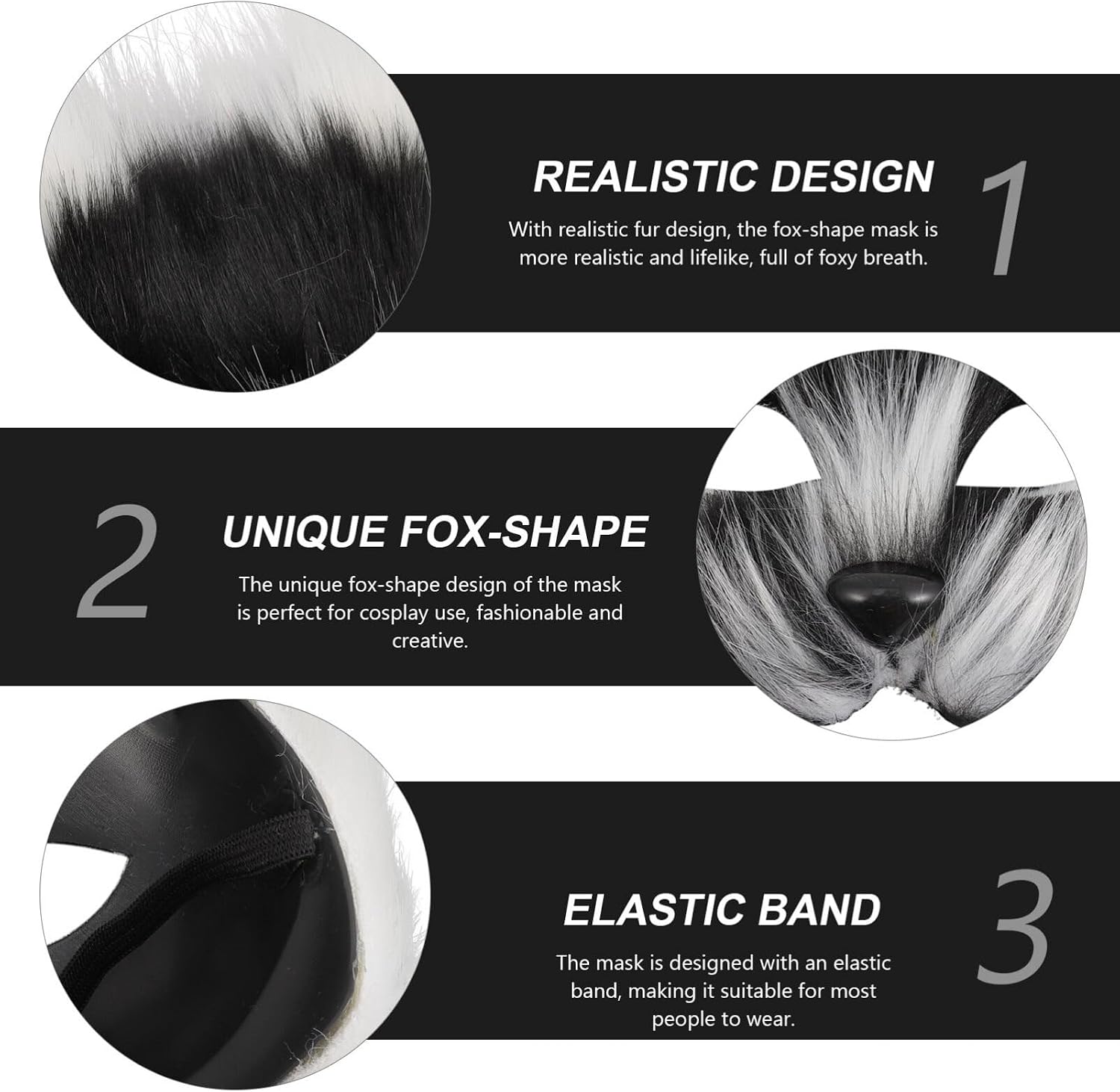 Half Face Fox Mask with Long Fur for Women and Man Cosplay Masquerade Carnival Halloween Party Accessory with Realistic Acrylic Nose and Soft Smooth Fur 7.5 Inch