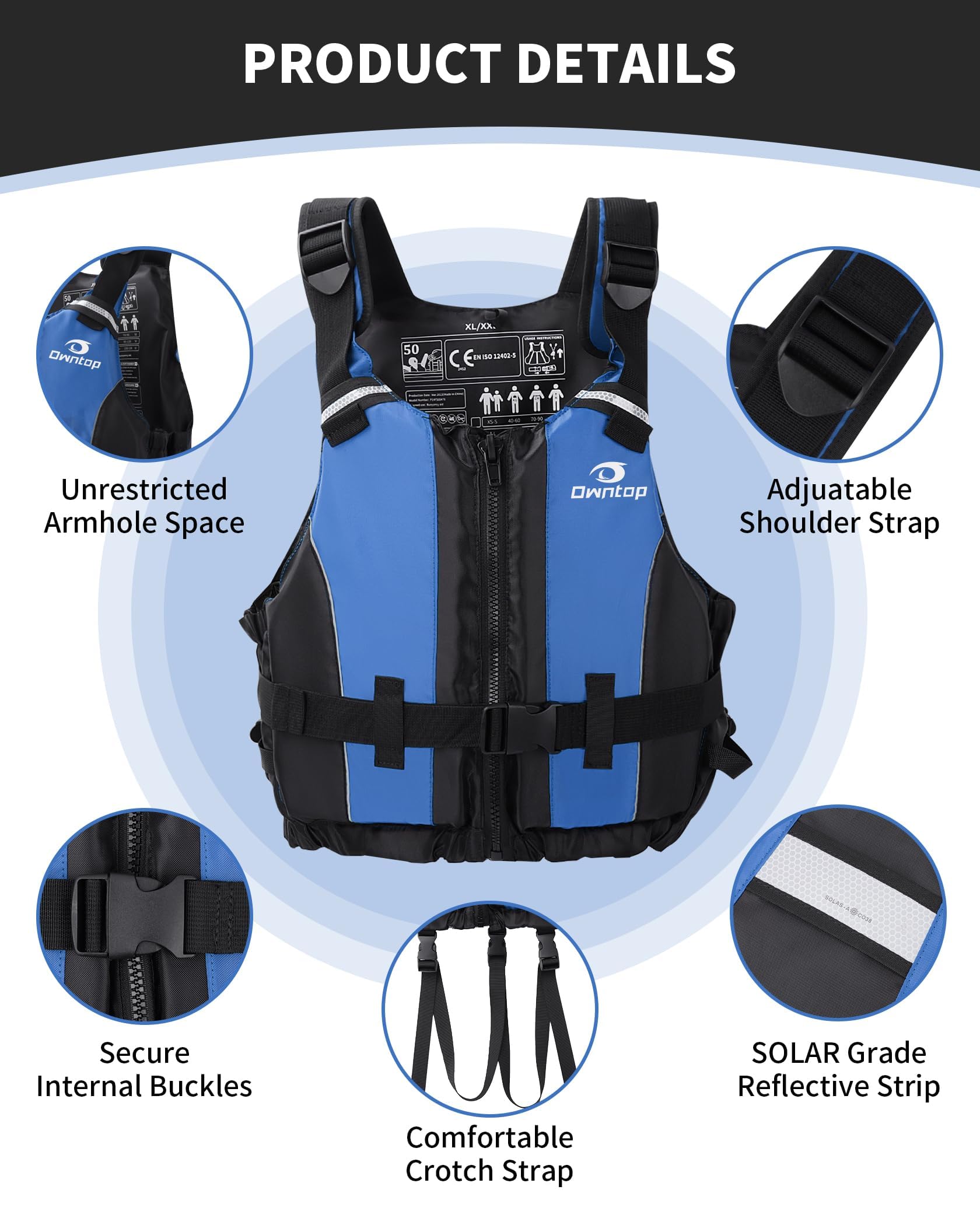 Owntop Pomoce wyporowe dla dorosłych, kamizelka piankowa z paskiem w kroku, kieszeń wewnętrzna, unisex, do paddleboardingu, kajakarstwa, wędkarstwa sup