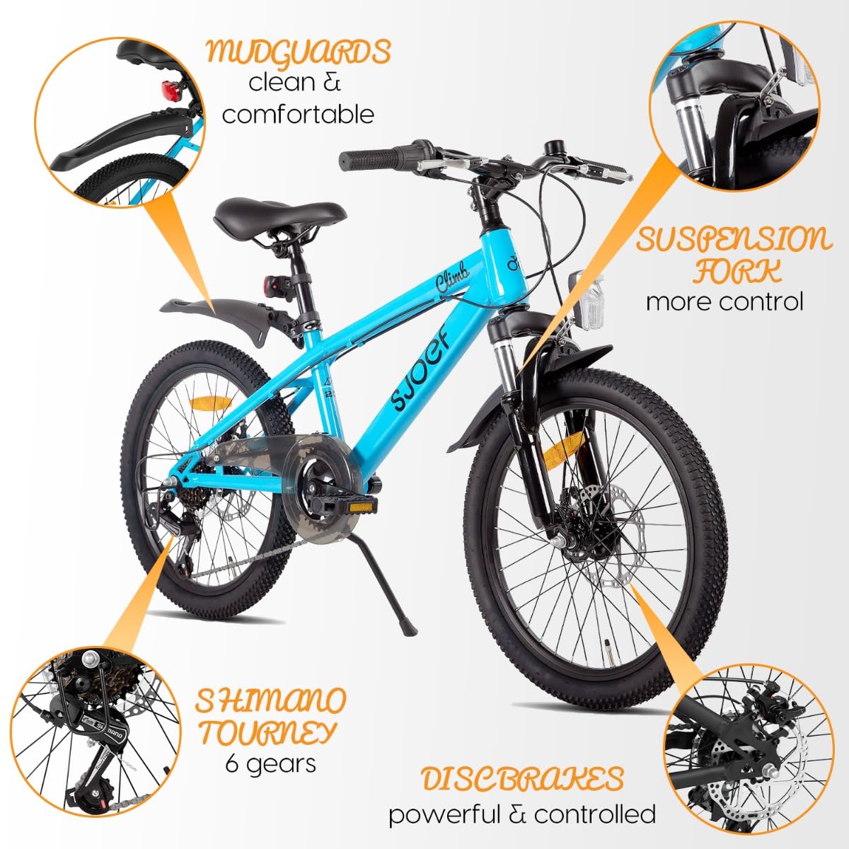 Climb Kinderfahrrad/Mountainbike 20 Zoll |Ab 6-8 Jahren | Kinder Fahrrad für Jungen/Jugend | MTB mit 6 Shimano-Gänge & Scheibenbremsen