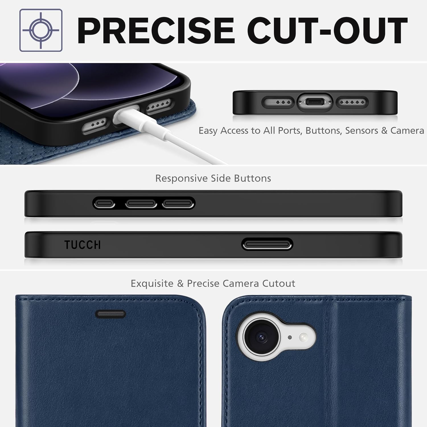 TUCCH Case Wallet for iPhone 17e/16e, TPU Shockproof Inner Shell Kickstand PU Leather [RFID Blocking] 4 Card Holder Magnetic Stand Protective Cover Compatible with iPhone 17e/16e 5G 6.1", Dark Blue