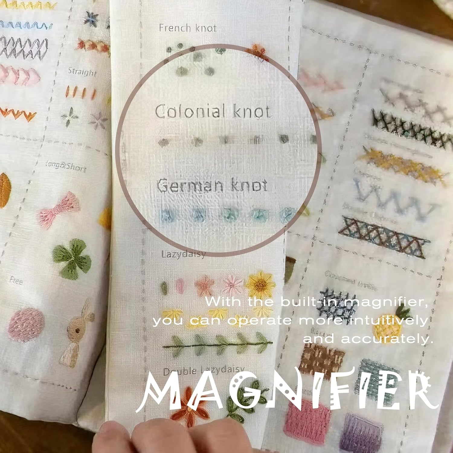 SpaLoo Embroidery Kit, Crafts for Adults, Blue & White Fabric Cover, Needlework for Beginners, 5 Pages of Fabric, 40 Embroidery Techniques, 86-Piece, Magnifying Glass Set, Upgrade Stitching