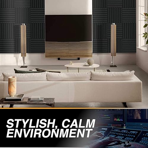 Miniatura 5 de Paquete de 12 paneles acústicos autoadhesivos de 1 x 12 x 12 pulgadas, espuma acústica, cuñas de espuma de estudio, paneles de alta densidad, cuñas