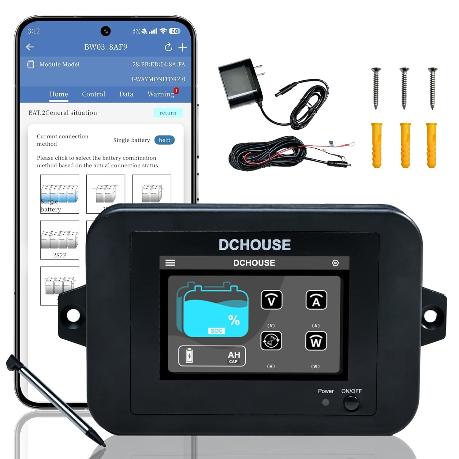 DC HOUSE 4-Way Bluetooth Lithium Battery Monitor,Range 8-75V & Custom Alarm Lifepo4 Battery Monitor Compatible DC HOUSE Bluetooth Batteries, Peferct for Off-Grid Solar Systems/RV/Golf Cart