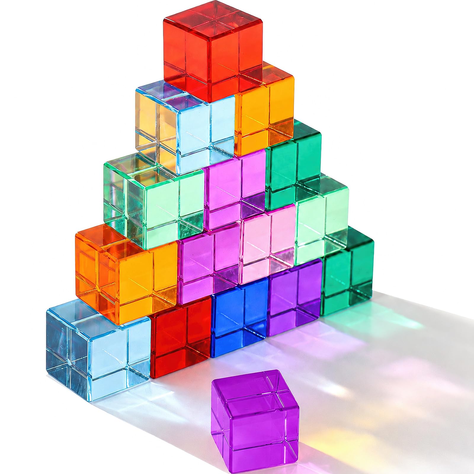 ASMIZ 20 Pack 2.5x2.5x2.5cm Acrylic Building Cubes, Rainbow Crystal Square Stacking Blocks, Educational Sensory Light Gem Toys for Adults