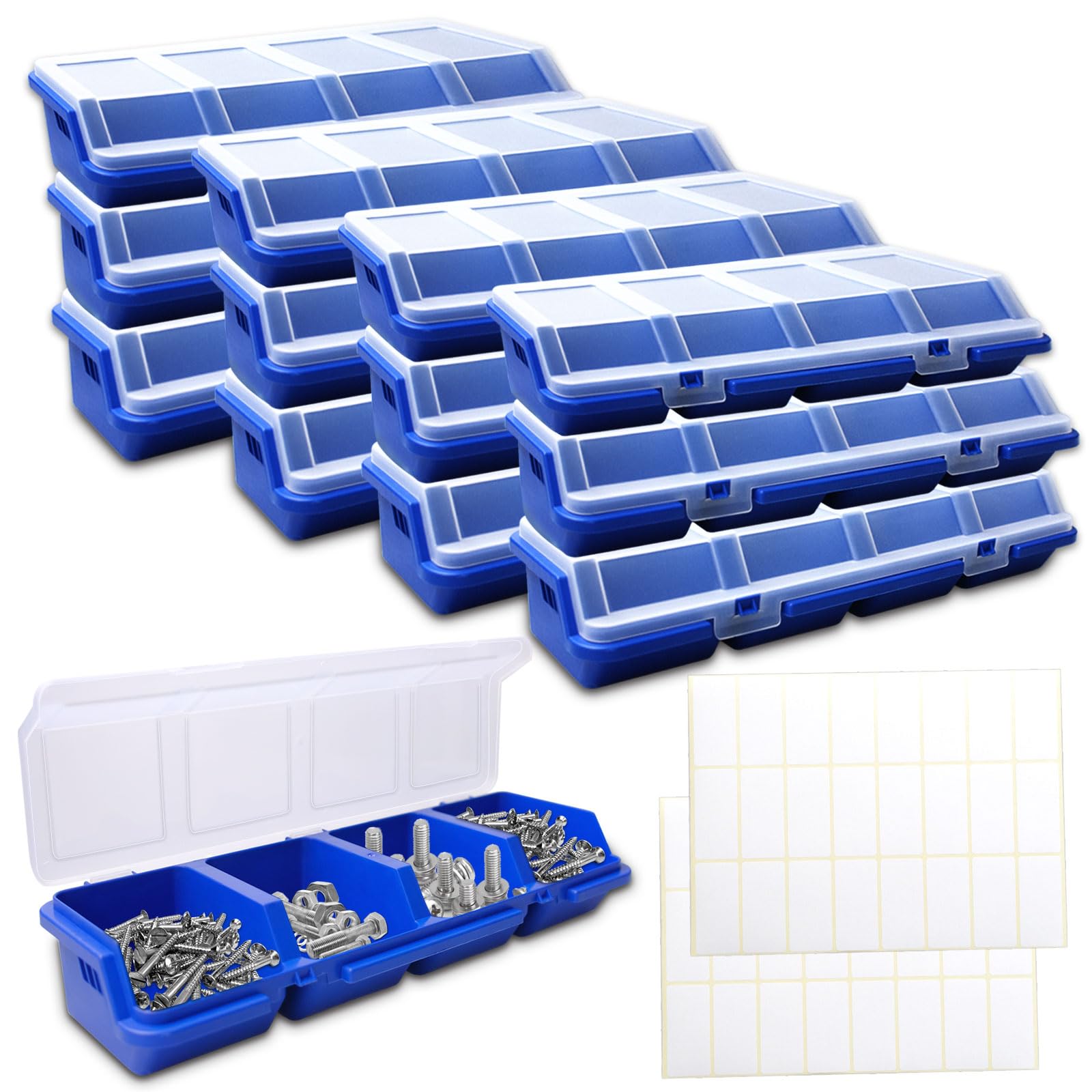 Confezione da 12 scatole organizer a vite con coperchio, 4 scomparti divisori, contenitori per attrezzi, scatola organizer blu per viti di ordinamento per garage, piccole parti di attrezzi, forniture