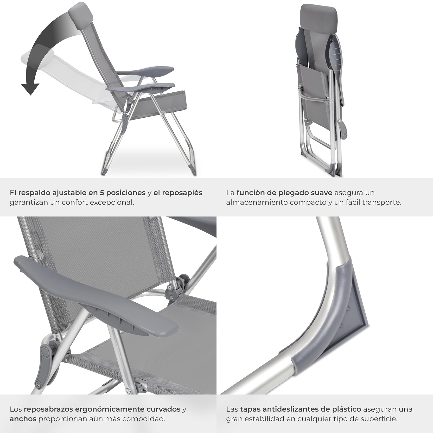 tectake® Conjunto Sillas Jardín Exterior de Aluminio, Respaldo Regulable y Reposacabezas, Conjunto Sillas Terraza Resistentes a Intemperie, Transpirable, Patas Reforzadas - 4 Sillas Gris