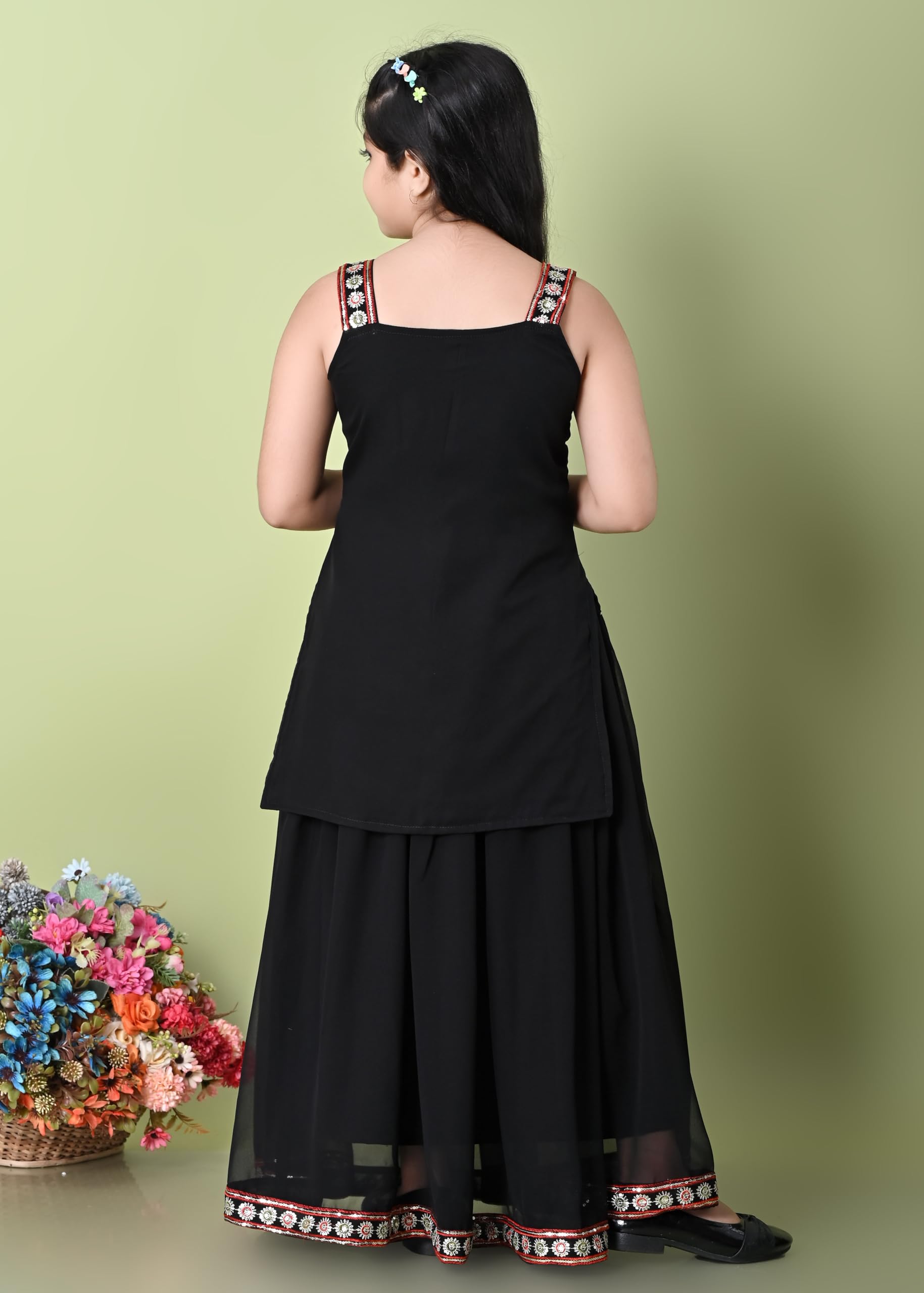 SPAMitude - Georgette Embroidery Sequin Kurta, Skirt and Dupatta Set for Girls – Ethnic Party Dress I Birthday Trendy Classic Outfit I Square Neck Sleeveless (BLACK, 10-11 YEARS) - Image 9 thumbnail