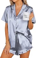 Ekouaer Women's Satin Pajamas Set: Button-Down 2-Piece Silk Feel PJs Shorts with Ruffle Notch Collar Sleepwear Loungewear