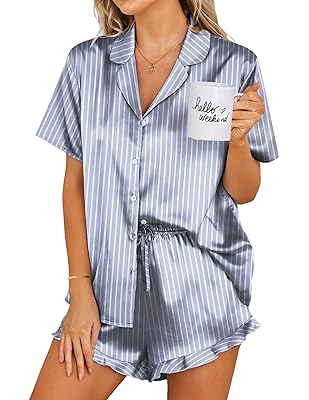 Ekouaer Womens Satin Pajamas Set Button Down 2 Piece Silk Pjs Shorts Set Ruffle Lingerie Notch Collar Sleepwear
