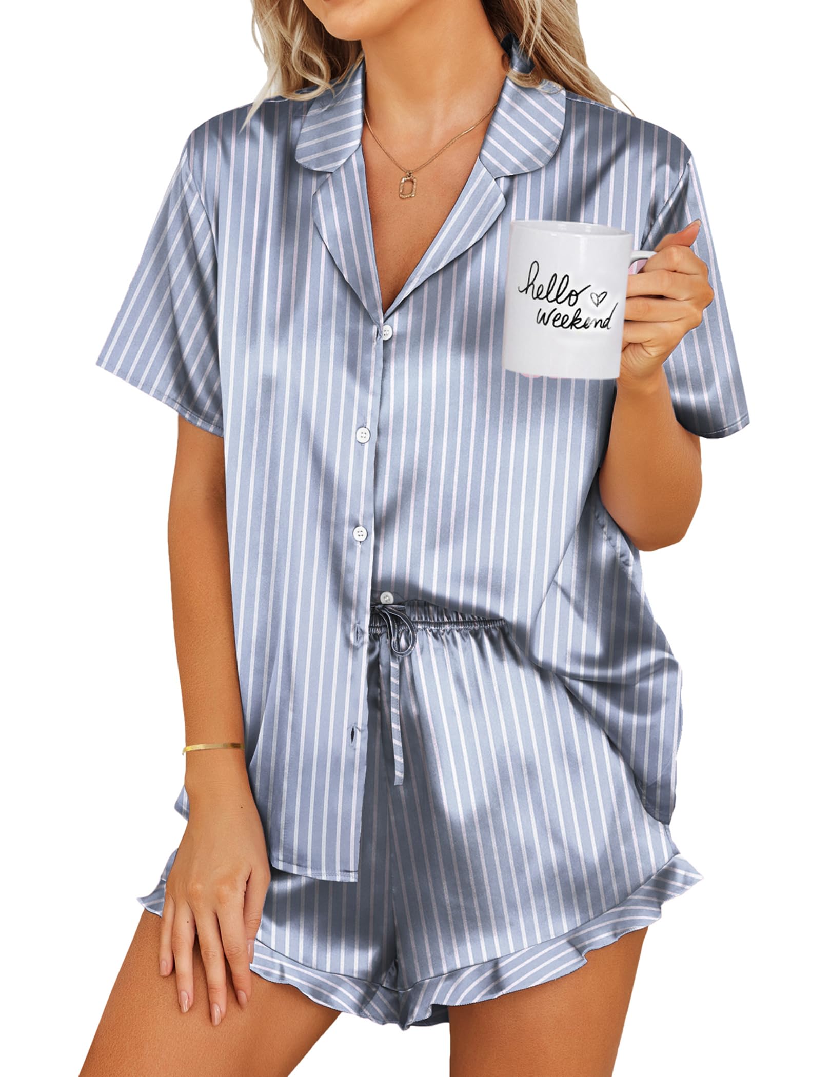 Photo 1 of **UNKNOWN STAINS**Ekouaer Silk Pajamas Womens Short Sleeve Sleepwear 2 Piece Satin Pjs Shorts Set Button Down Loungewear Striped Grey Blue XXL