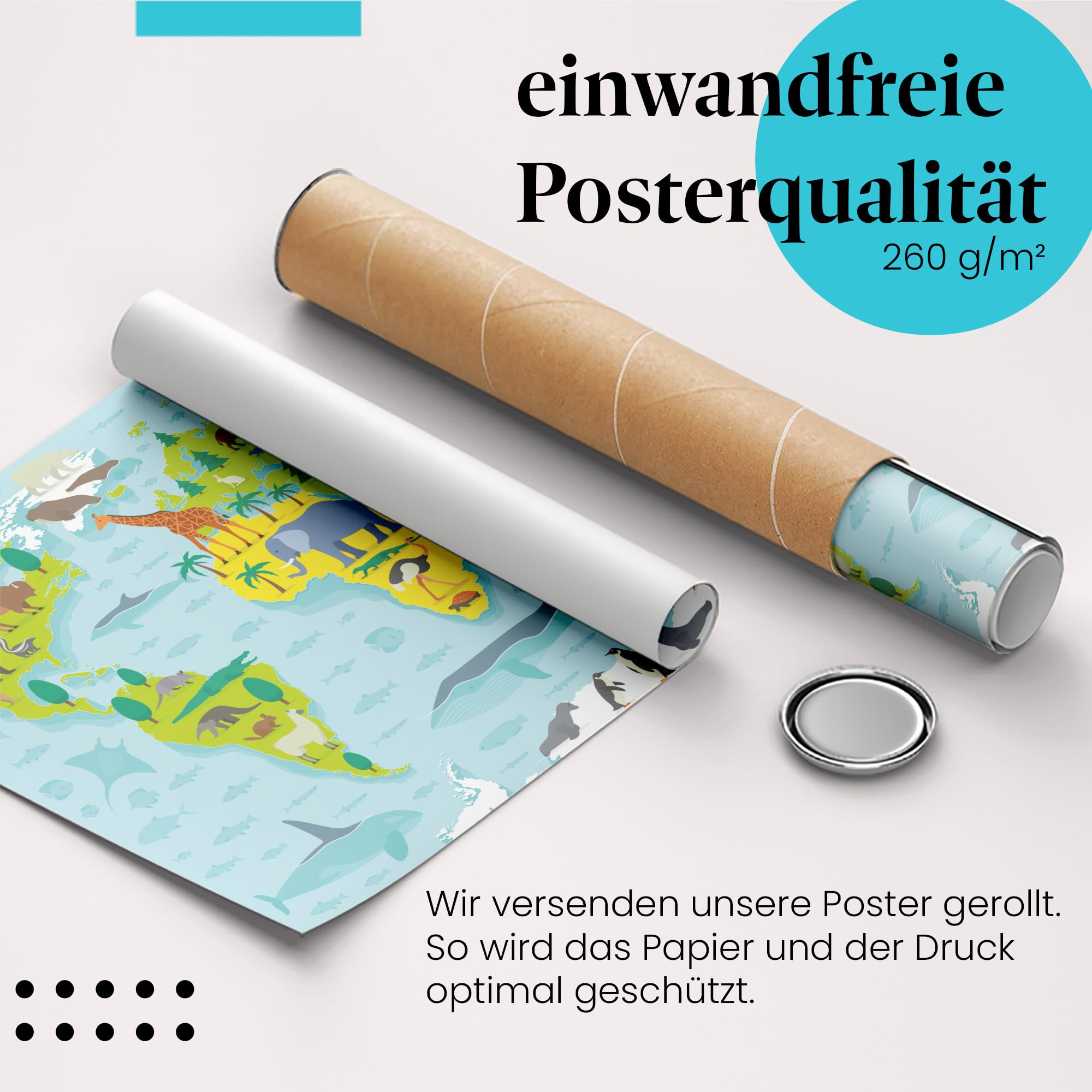 Postereck - 0860 - Weltkarte, Kinder Tiere Kontinente Lernen Schule - Kinder Kinderzimmer Kinderbild Wandposter Fotoposter Bilder Wandbild Wandbilder - Leinwand - 100,0 cm x 75,0 cm