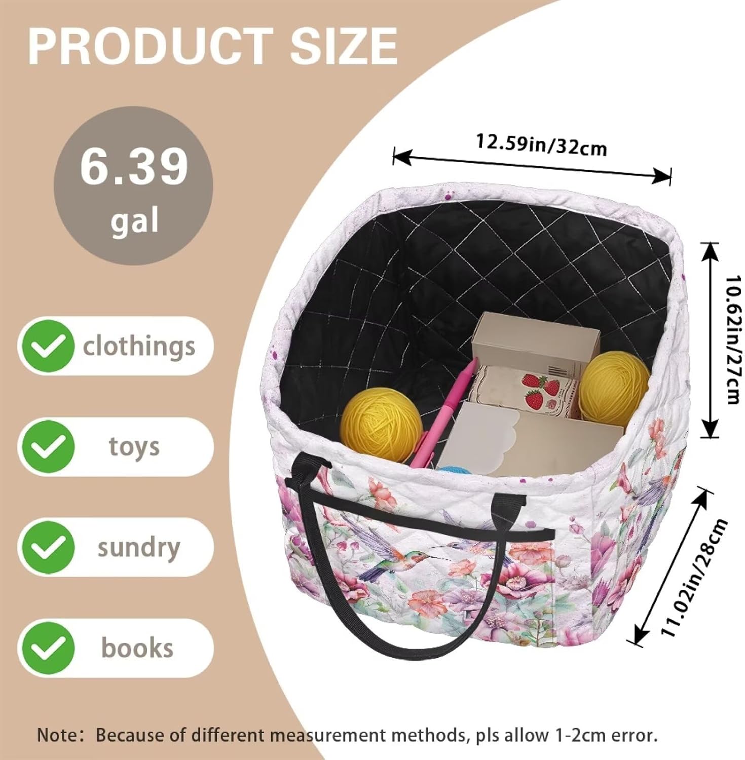 Hummingbird Laundry Basket Quilted Garden Floral Quilted Storage Baskets for Clothes Toys Soft Fabric Organizer Bin with Handles 12.59 X 11.02 X 10.62 Inches