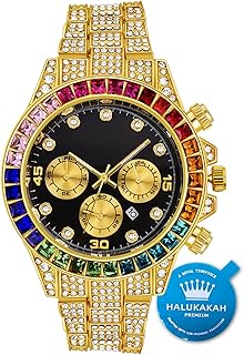 HALUKAKAH Diamonds Gold Watch Iced Out,Men\'s 18K Real Gold/Rose Gold/Platinum White Gold Plated 40MM Width Multicolor Black Dial Quartz Wristband with Cuban Link Chain Necklace Bracelet,Free Giftbox