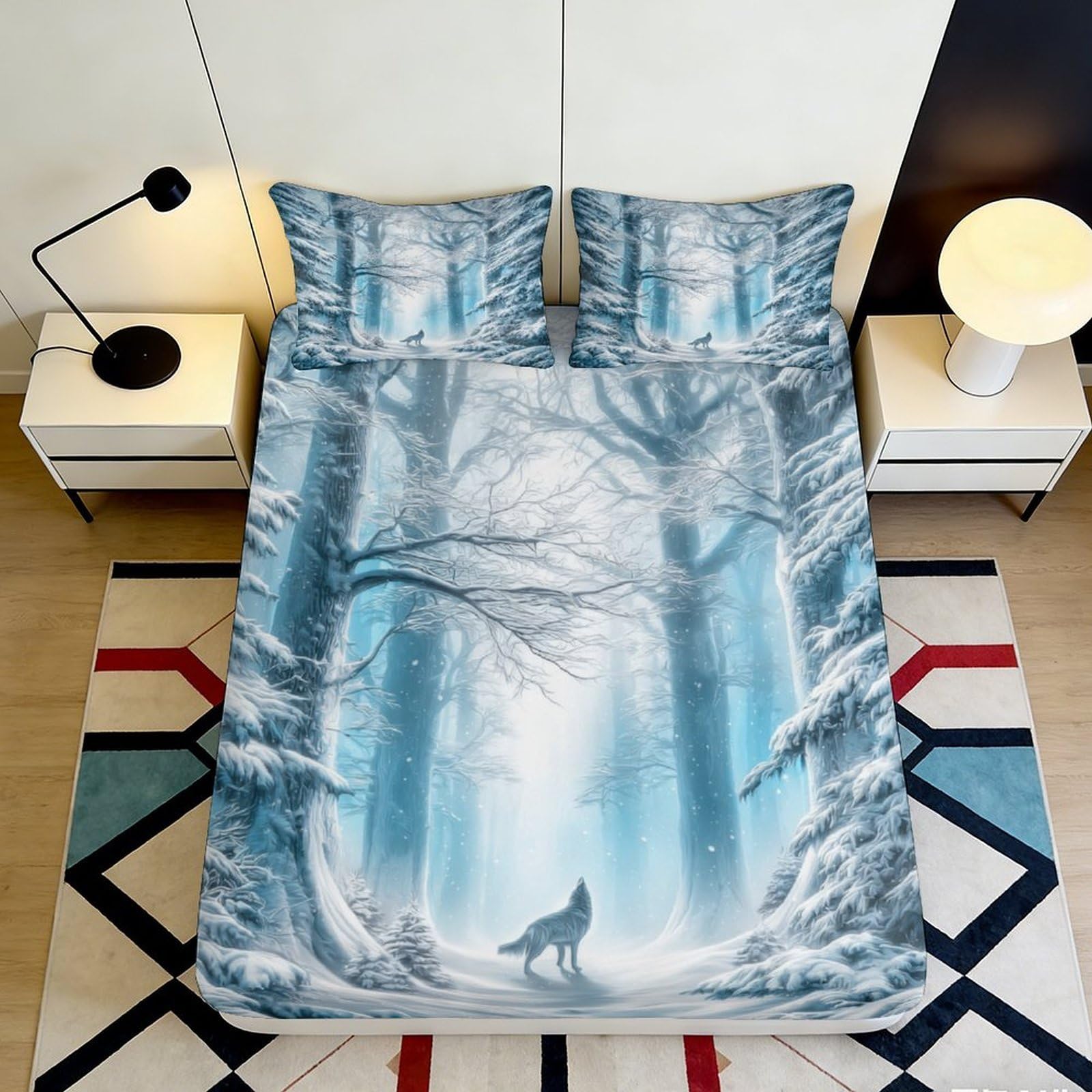 3D Printed Snow Forest Wolf Fitted Sheet Microfiber Soft Anti-Slip Mattress Cover for Bedroom Dorm Bed Decor 160x200x25cm