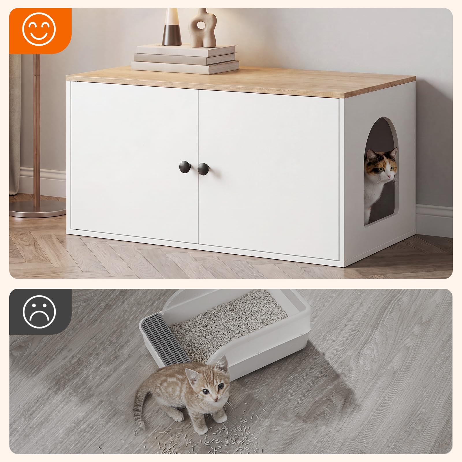 HOOBRO Casetta per Lettiera per Gatti, Mobile per Gatti con Lettiera Nascosta e Ingresso Laterale, Armadietto Nido da Interno, per Soggiorno, Camera da Letto, Bianco e Naturale EWN40MW01