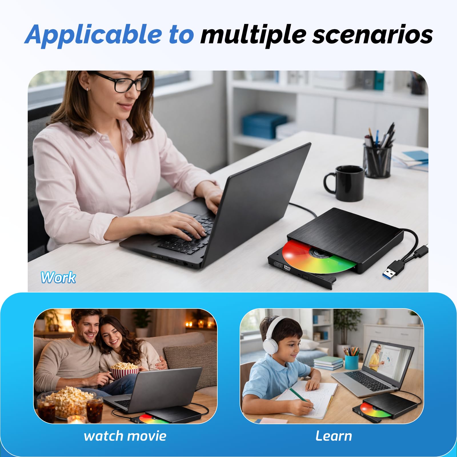 External CD DVD Drive for Laptop, Slim Portable Player CD DVD RW Writer Reader Burner, USB 3.0 and Type-C Optical, Compatible with Laptop Desktop PC Windows XP/7/8/10/11 Mac — view 7