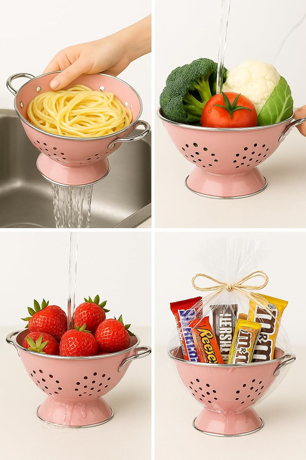 Reston Lloyd Calypso Basics Powder Coated Enameled Colander with Solid Base, Strainer Basket with Handles, for Pasta, Berries, Vegetables, Fruit, 1.5 QT (48 OZ/1.4 L), Pink
