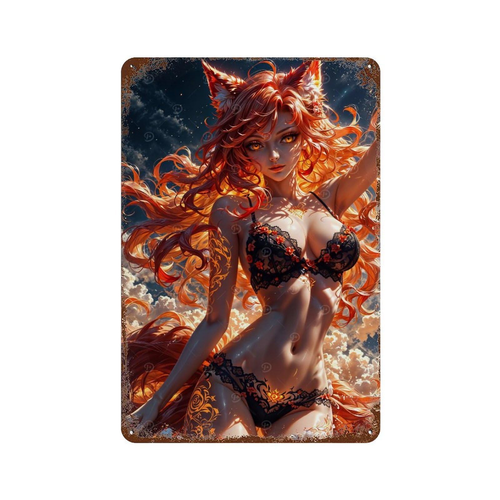 Rust Effect Fox Girl in Lingerie Rusty Metal Tin Sign 11.8"x7.9", Shabby Chic Decor for Garage, Bar And Workshop Decor