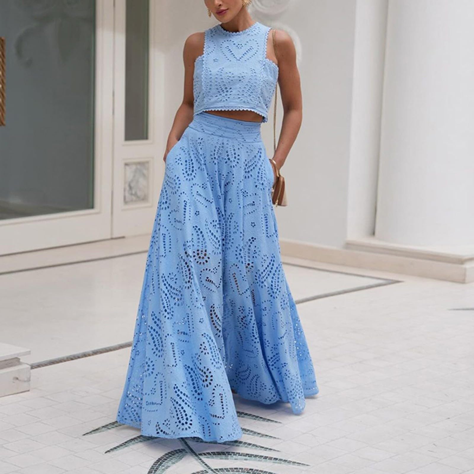 Conjunto de vestido de 2 piezas para mujer, camiseta sin mangas con cordones y falda elástica con cintura elástica, ropa de descanso, elegante vestido largo de dos piezas, ropa de calle, trajes de