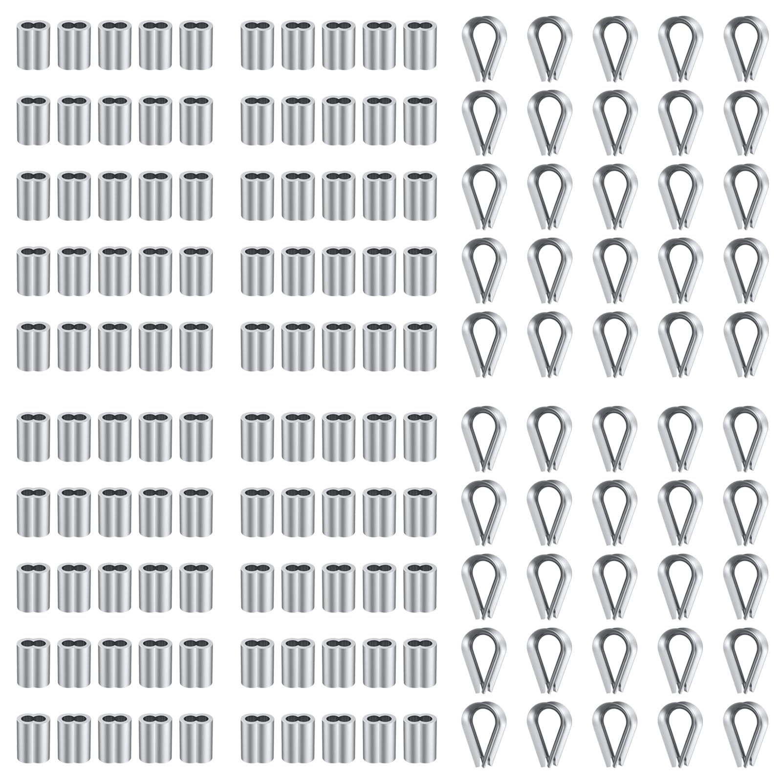 TOOGOND 100Pcs 1/8" Aluminum Crimp Loop Sleeves and 50Pcs M3 Stainless Steel Thimble for Wire Rope Crimping Tool