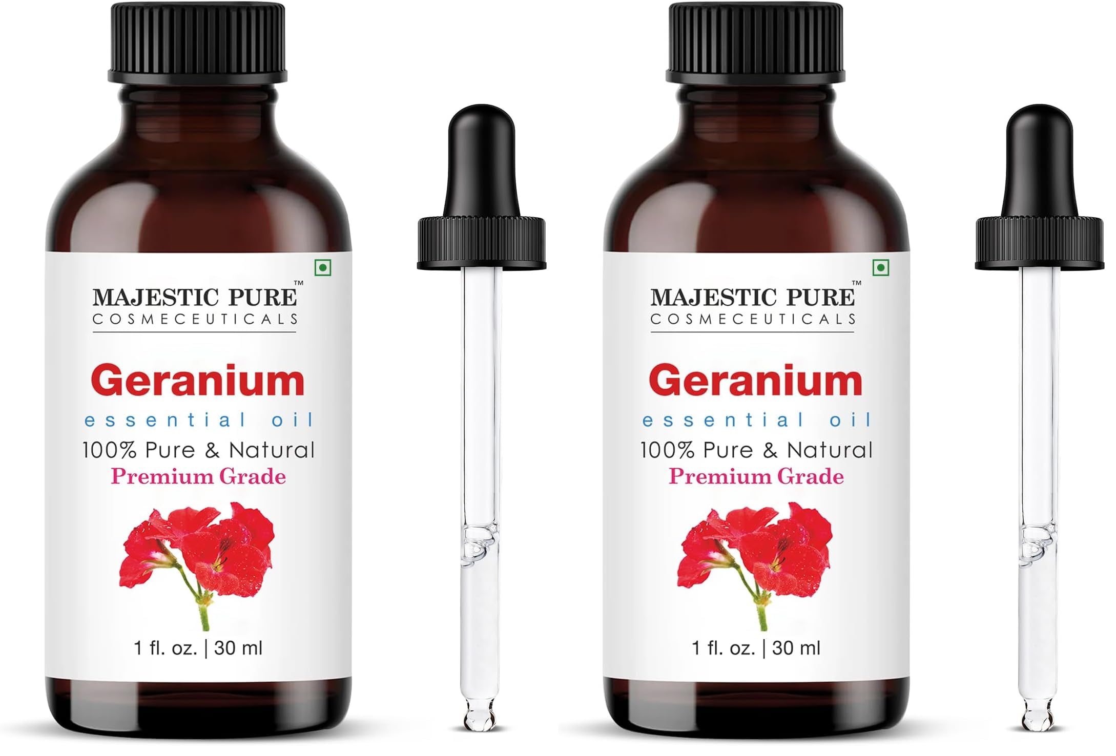 Majestic Pure Essential Oil with Glass Dropper - 100% Pure and Natural - Essential Oils for Diffuser, Aromatherapy, Soap and Candle Making, Geranium Essential Oil, Geranium Oil, 1 Fl Oz (Pack of 2)
