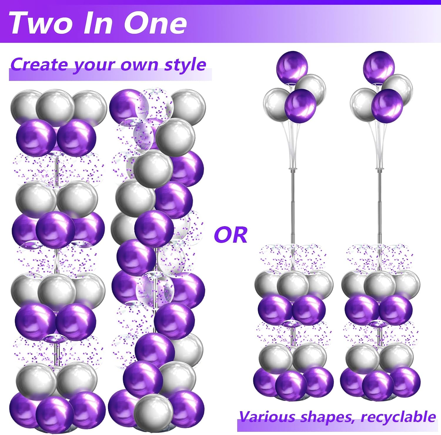 Balloon Column Stand Kit with Balloons & String Light, 2 Set Balloon Holder, 7 Feet Height Adjustable Balloon Tower Pillar with Reusable Metal Telescopic Design for Birthday,Party Decoration (Purple)
