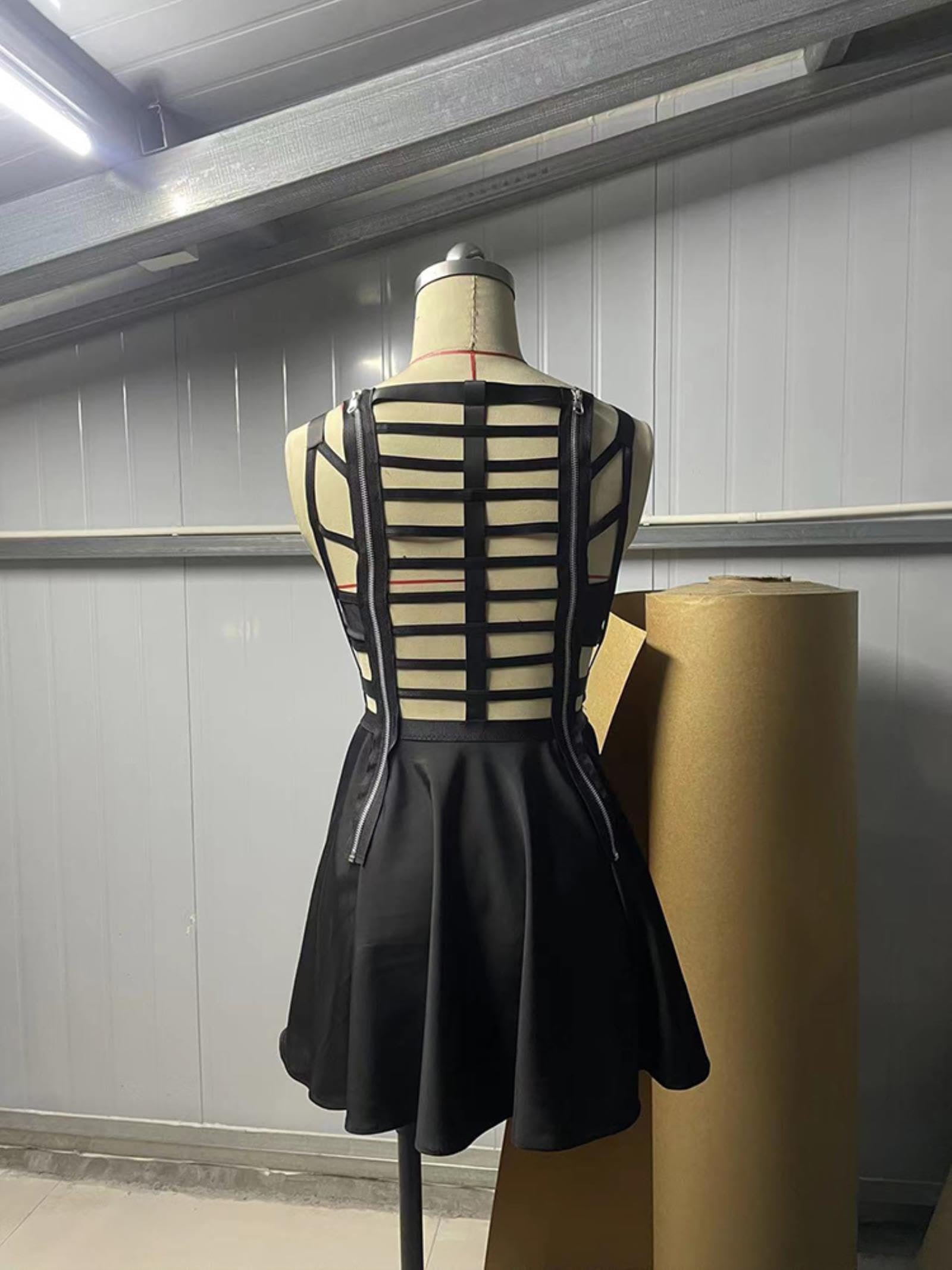 Gothic Hollow Out Korsett A-Linie Kleid Criss-Cross Retro Street Elf Girl Frauen Sexy Chic Reißverschluss Harajuku Fairy Grunge Kleid-Schwarz, L