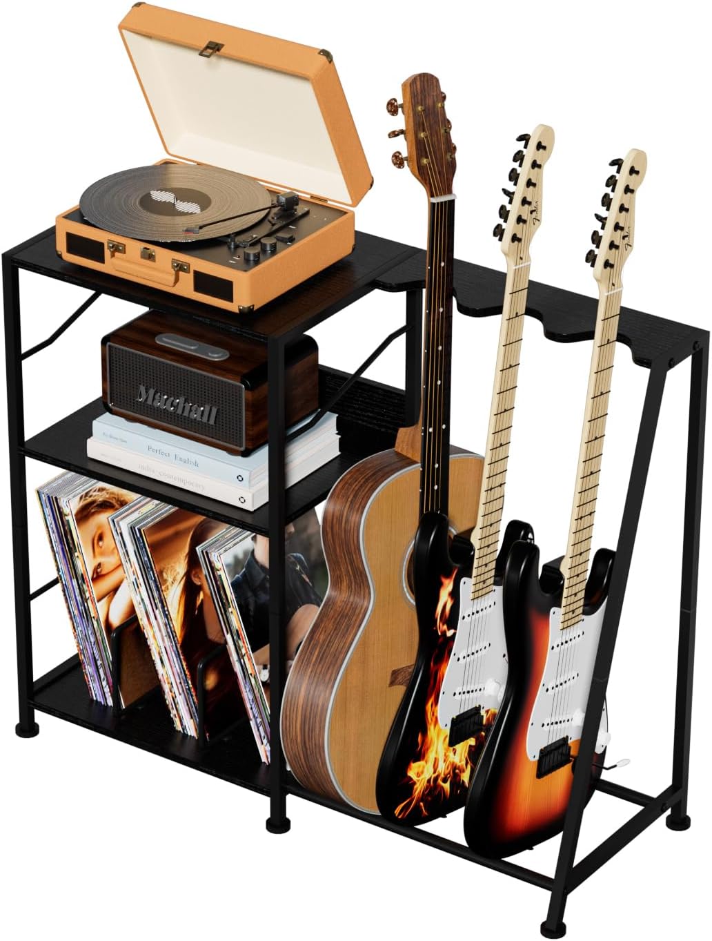 Hosfais Record Player Stand, 3 Tier Guitar Stand for Acoustic, Electric Guitar, Bass Stand, Vinyl Record Storage Up to 200 Albums, Brown Records Shelf for Living Room Bedroom (Black)