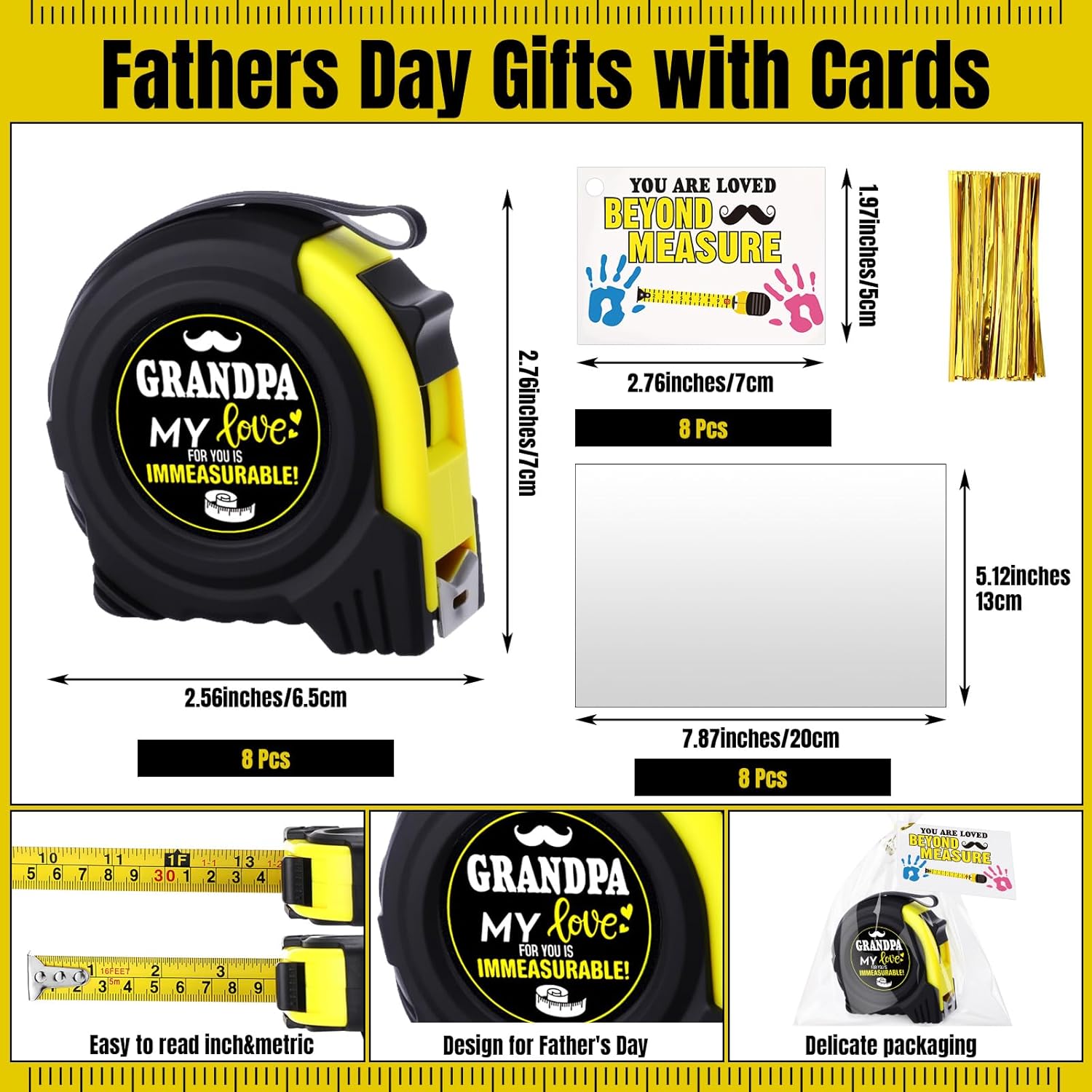 Blosssound 8 Set Fathers Day Dad Gifts Bulk Tape Measures Gifts with Cards Clear Plastic Bags My Love for You is Immeasurable Tool Presents for Fathers Day Party Favors Supplies(Grandpa)