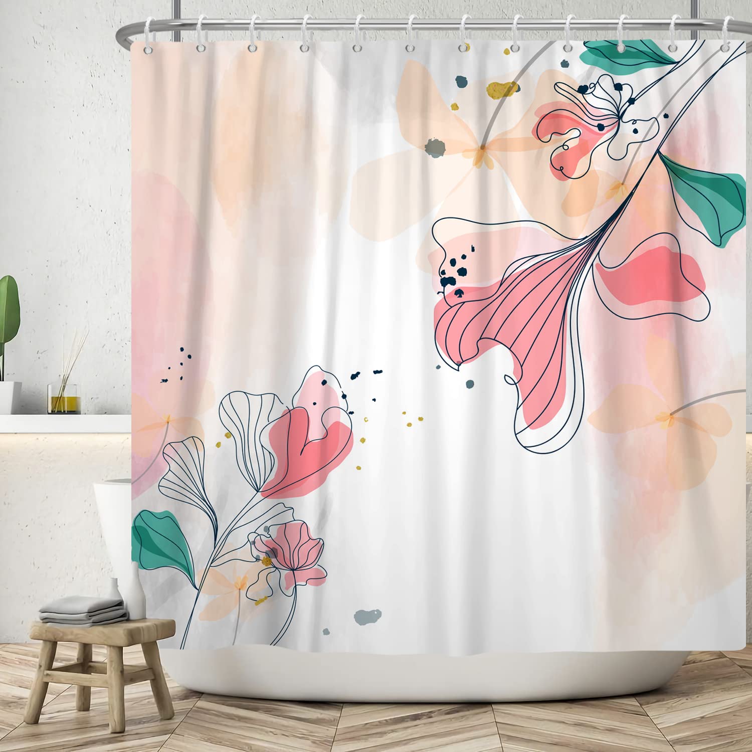Bovlleetd 72x78inch Floral Shower Curtain Watercolor Lines Flower Bathroom Curtain Waterproof Bathtub Curtain Washable Shower Curtains with Hook for Bathroom Decoration — image 1