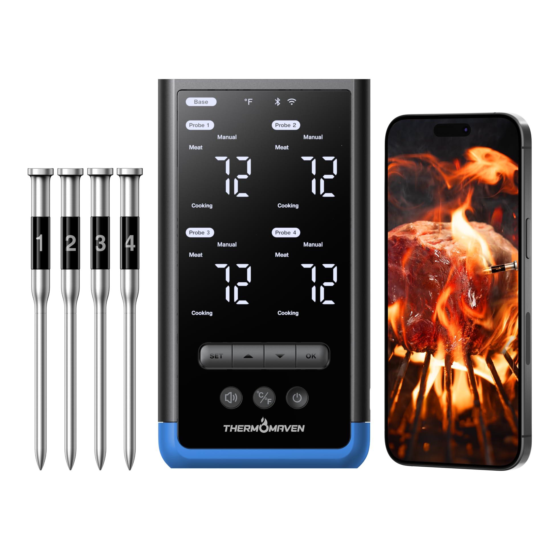 ThermoMaven Smartes Fleischthermometer Kabellose mit Basisstation, Bluetooth & WLAN, 4 Fühler, 6 Sensoren, NIST-zertifiziert, große, stabile WLAN-Reichweite, für Smoker, Backofen & BBQ, Elektroblau