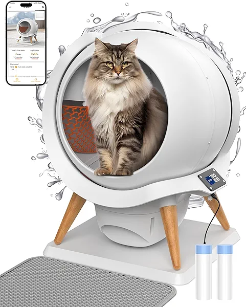 HoneyGuaridan Self Cleaning Cat Litter Box,IPX5 Waterproof Automatic Cat Litter Box,App Control, Odourless, Integrated Safety Protection, Water Rinsable and Easy to Clean, for Multiple Cats (3-33lb)