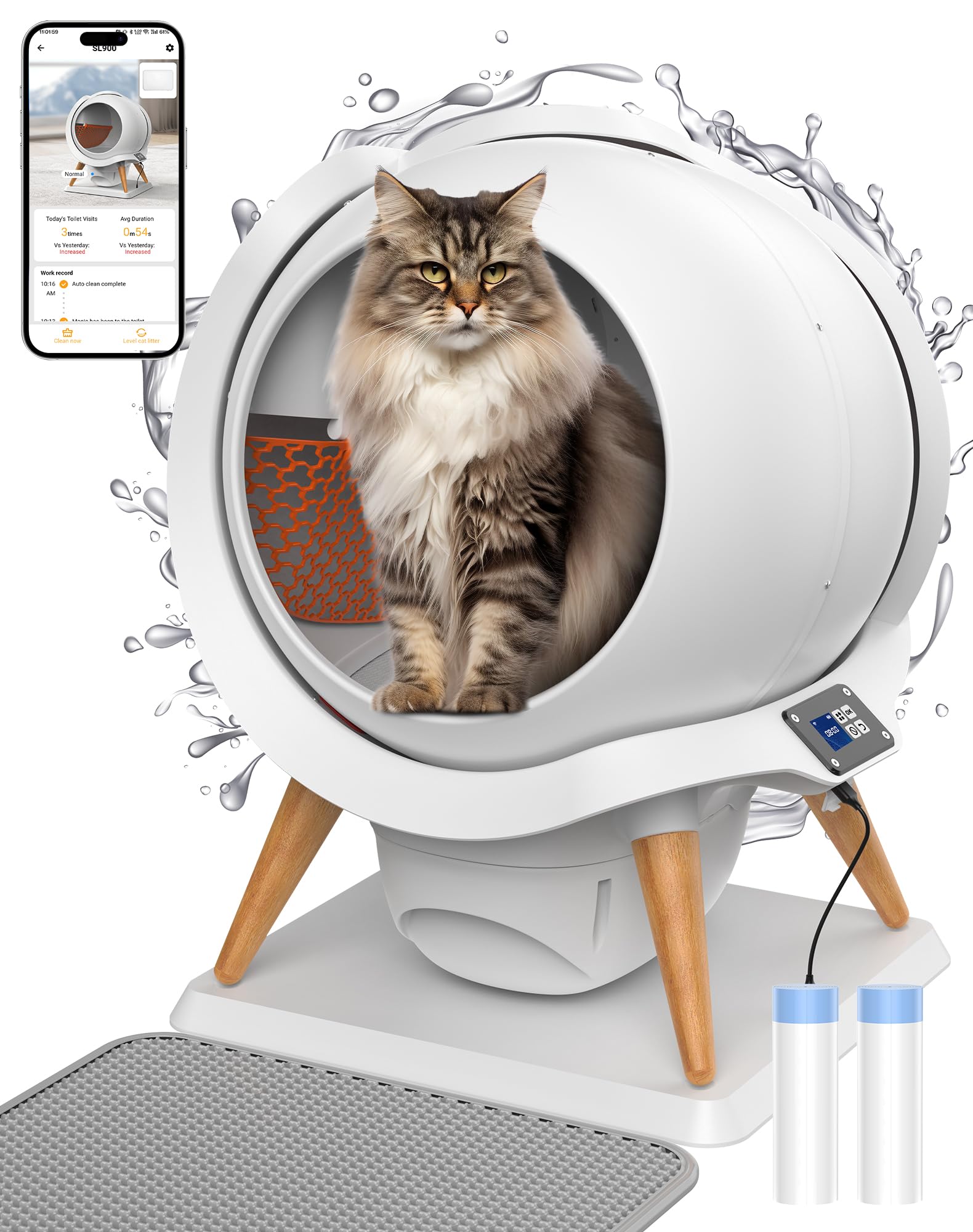 HoneyGuaridan SL900 Self-Cleaning Cat Litter Box with a cat inside, showing the app interface on a smartphone.