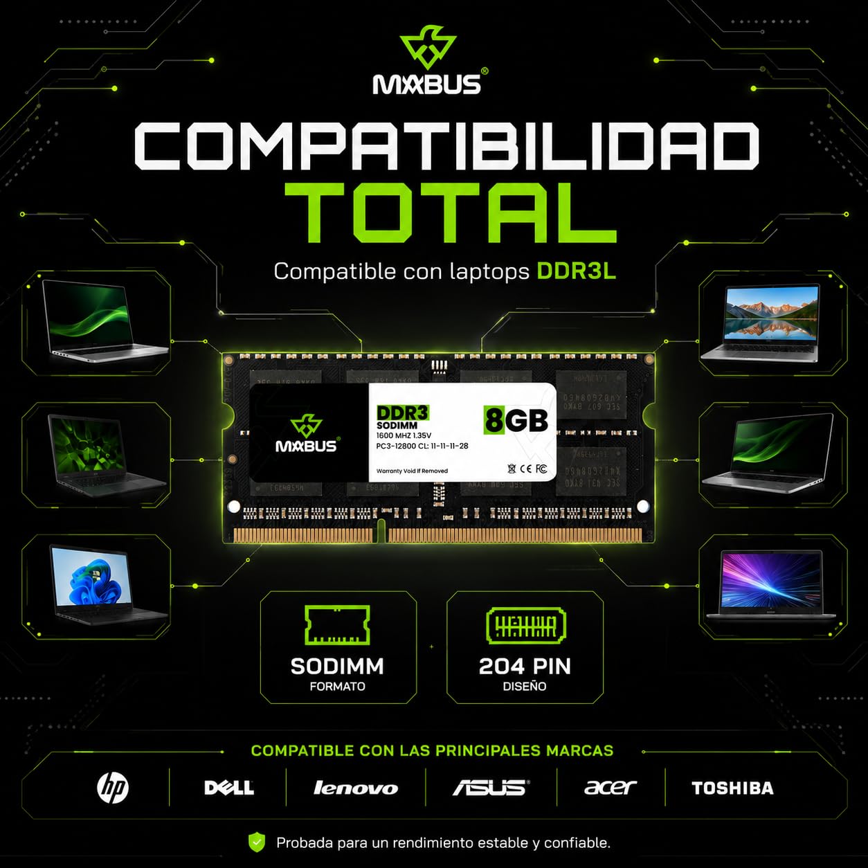 MABUS Memoria RAM 8GB DDR3L 1600MHz PC3L-12800 SODIMM para Laptop y Portátil - Módulo de 1.35V 204-Pin CL11: Mejora la Velocidad, Multitarea y Rendimiento del Sistema