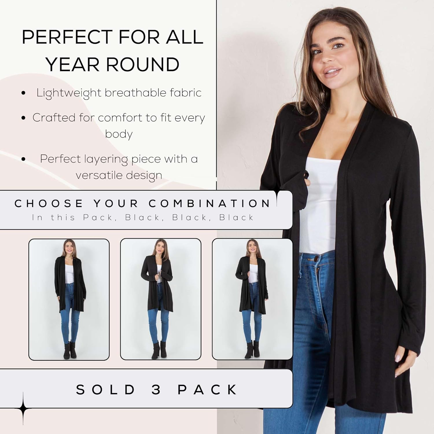 Azules 3 Pack Lightweight Cardigan for Women – Long Sleeve Open Front Longer Length & Flowy Rayon Casual for Everyday Wear - Image 4