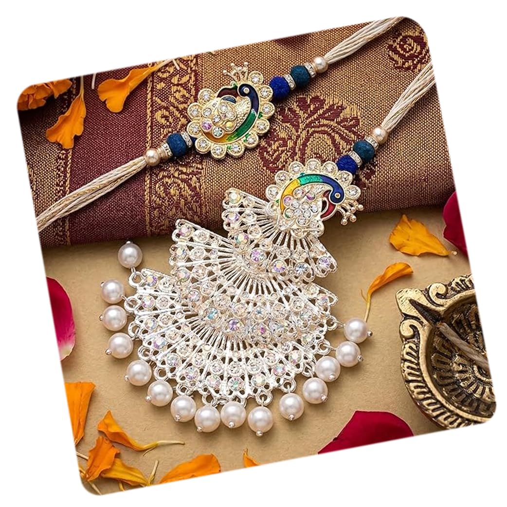 Peacock Rakhi for Brother and Bhabhi, Bhaiya Bhabhi Rakhi Set of 2, Designer Kundan Rakhis for Rakshabandhan Festival, Premium Thread for Rakshabandhan, Best Wishes Card and Tillak Set-image-30