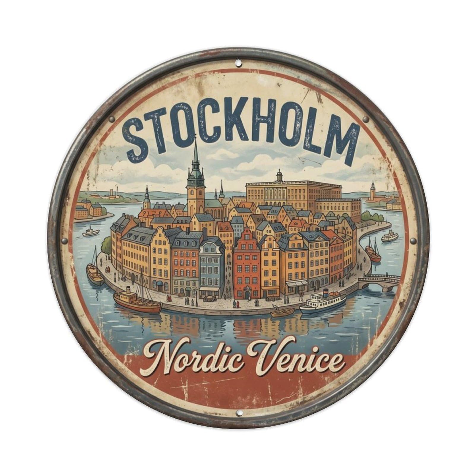 Vintage Travel Stockholm Gamla Stan Metal Tin Sign Plaque Wall Decor for Cafe, Club, Garden Round Metal Poster 8x8Inch