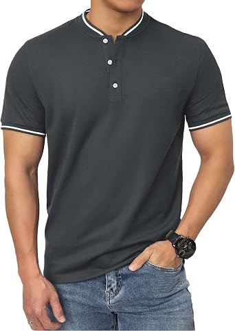 Mens Polo Shirts Short Sleeve Cotton Pique Collarless Golf Shirts