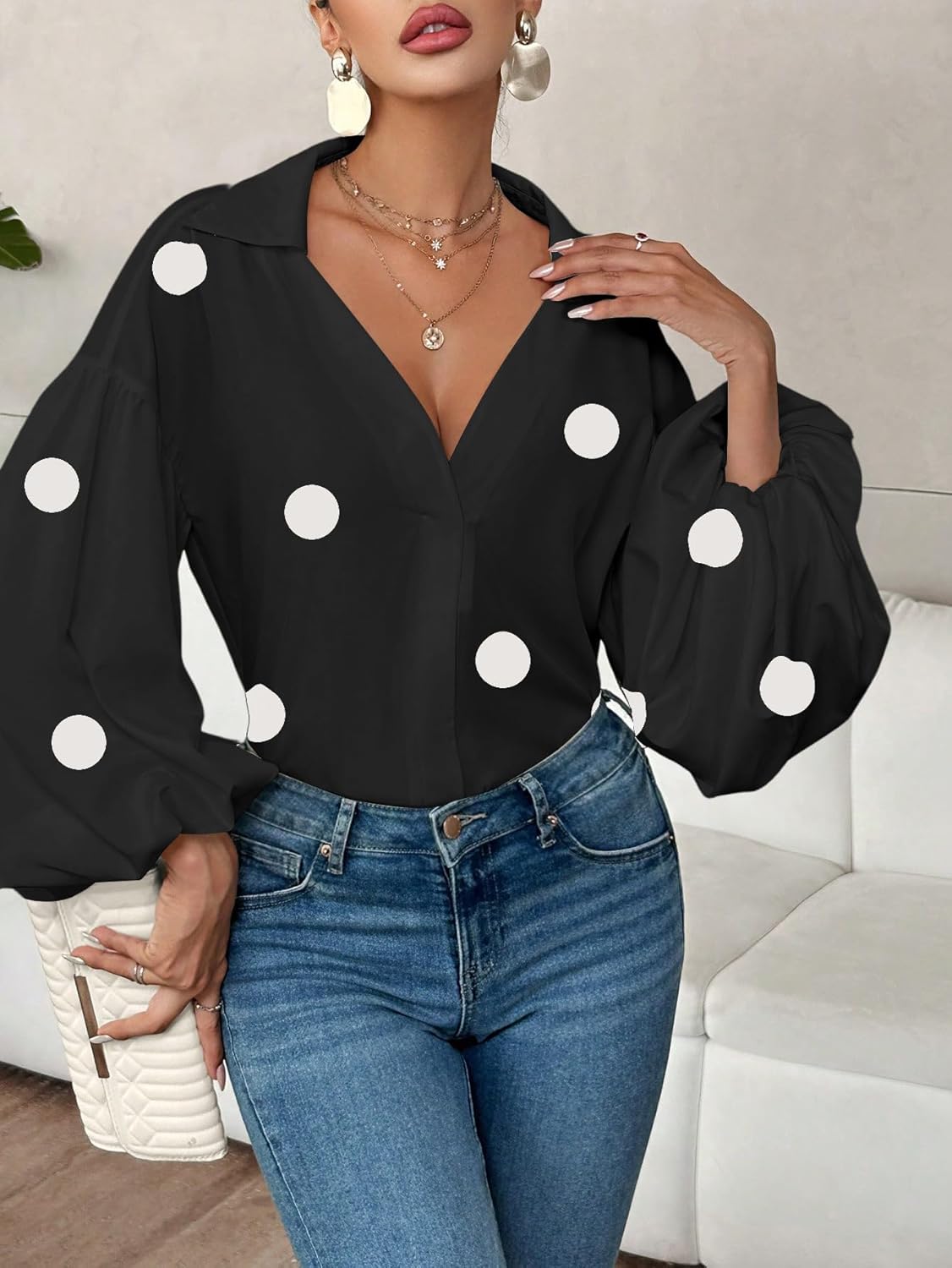 WDIRARA Women's Polka Dots Long Lantern Sleeve Blouse Collared V Neck Top Shirts - Image 3
