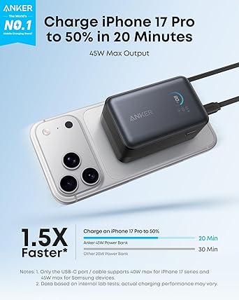 Anker Nano Portable Charger, 45W 10000mAh with 2.3 ft Retractable Cable, Compact Power Bank, Travel Essential Phone Battery Pack for iPhone 17/16 Series, iPad, Galaxy, Pixel, and More