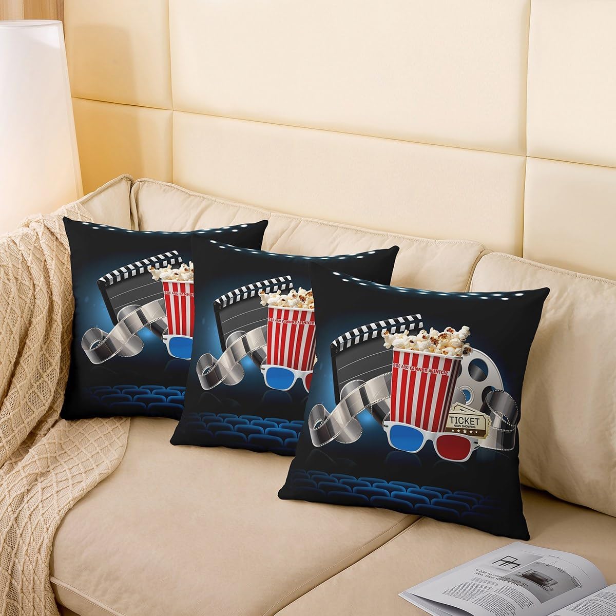 Movie Theme Pillow Covers 18x18 set of 4 Vintage Cinema Ticket Throw Pillow Covers For Sofa Bed,Ceremony Photo Photography Cushion Cases Home Theater Decor Decorative Pillow Covers,Movie Cinema Decor