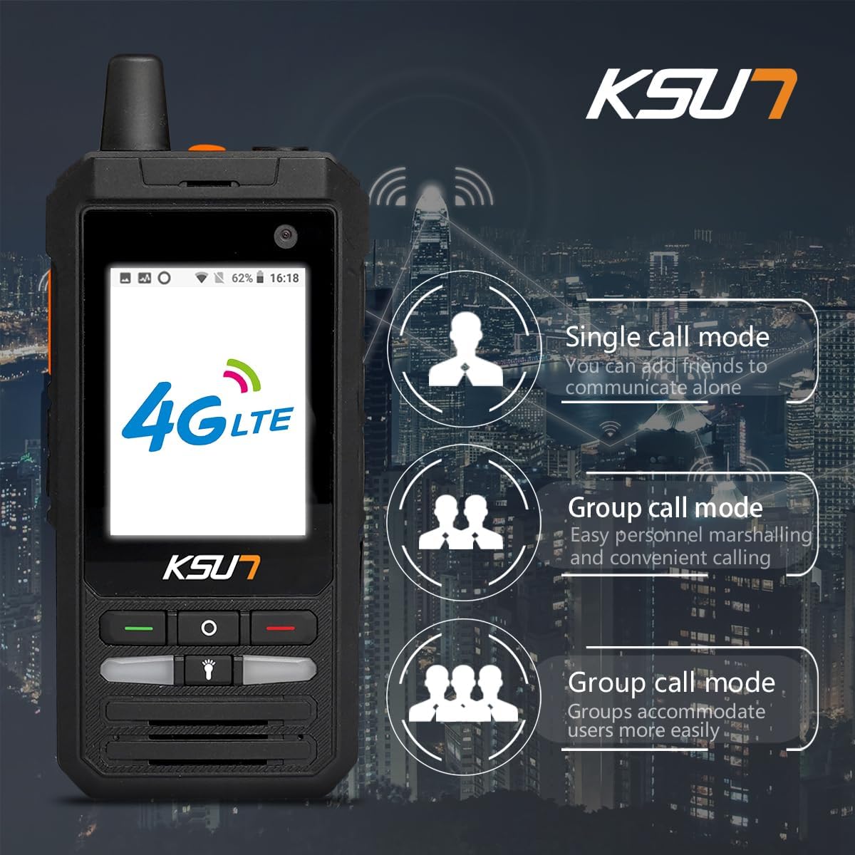 Screen display of the KSUN ZL20 showing single call mode and group call mode options.