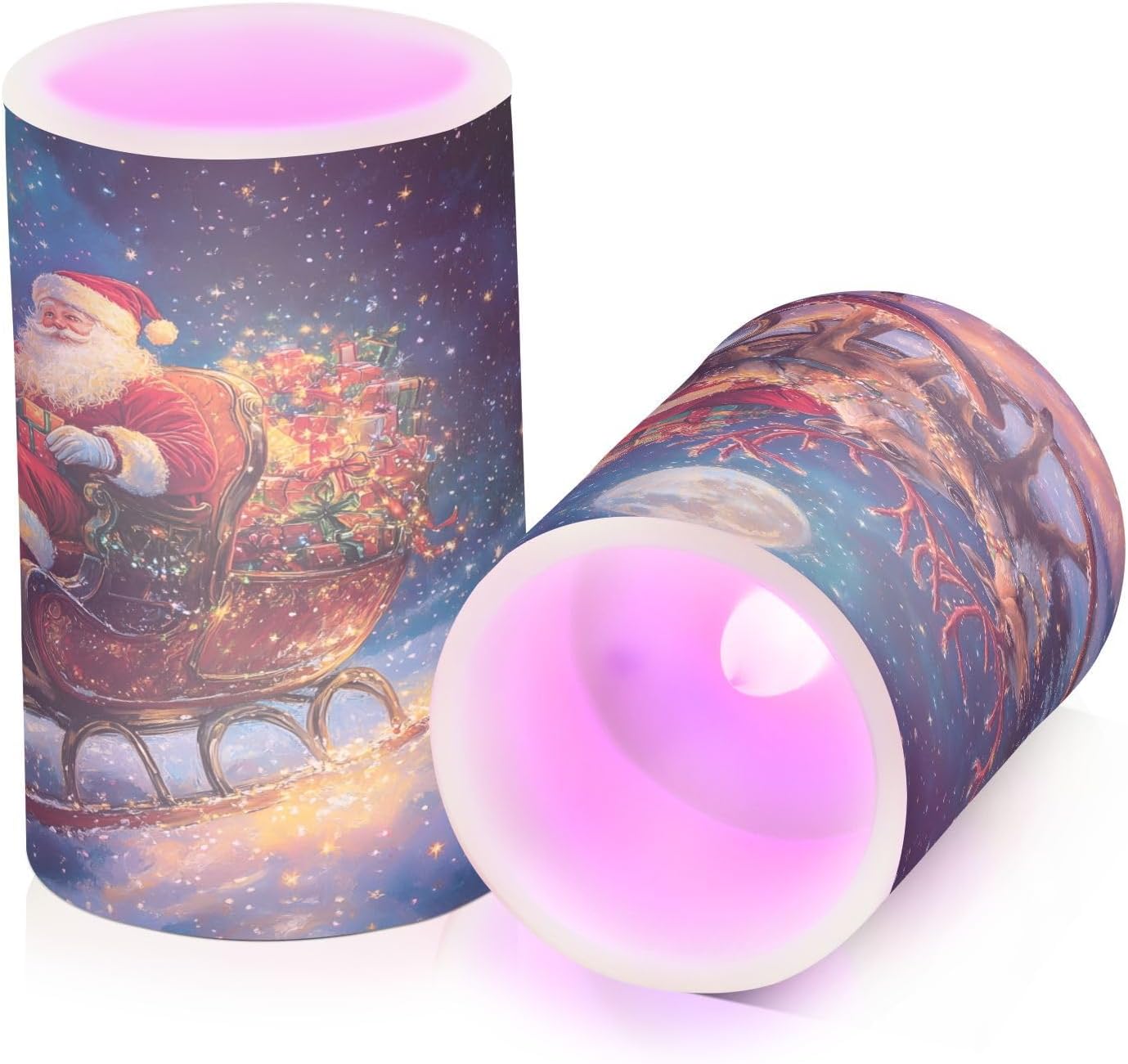 ALAZA Magical Santa Claus Christmas Moon Flickering Flameless Candles Pillar Led Candles Battery Operated Candles with Remote and Timers Set of 2