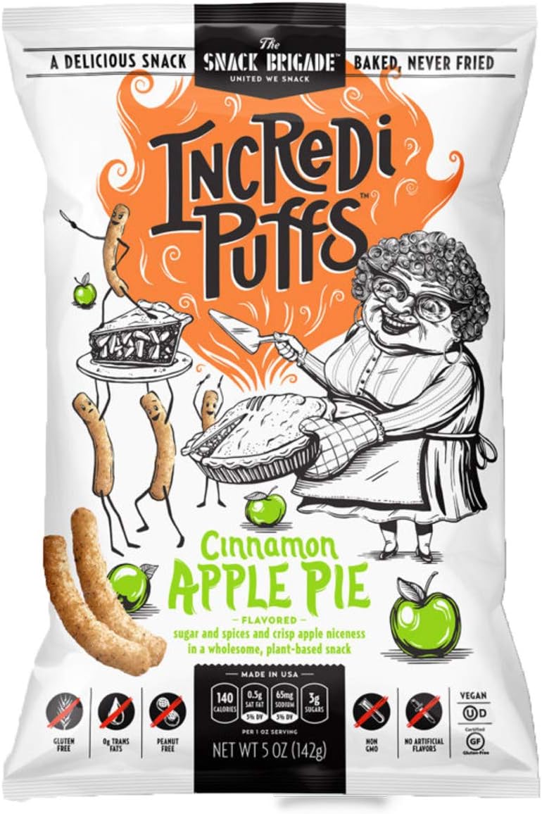 Incredipuffs Vegan Gluten Free Baked Puffs, Peanut Free, No Artificial Flavors, NON GMO & Low Sugar, Made with wholesome foods (Cinnamon Apple, 24 Snack Bags)