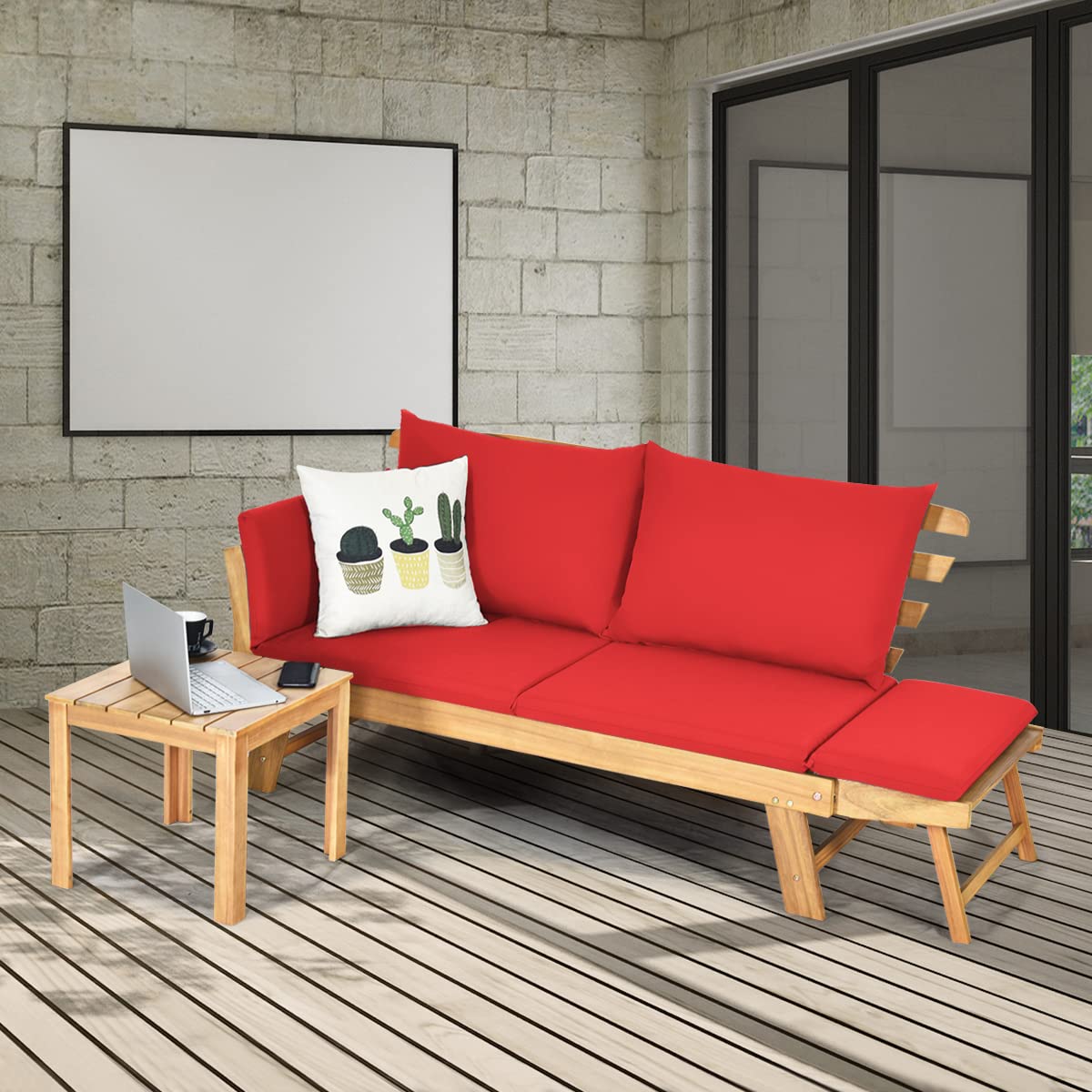 GIANTEX Sofá Cama Plegable de 2 Plazas con Cojines, Sofá Doble Convertible en Cama, Marco de Madera de Acacia, Banco para 2 Personas, para Balcón, Patio, Jardín (Rojo)