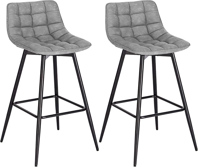 WOLTU Bar Stools Set of 2 PCS Soft Faux Leather Seat Bar Chairs Breakfast Counter Kitchen Chairs Metal Legs Barstools Grey High Stools with Backrests & Footrests