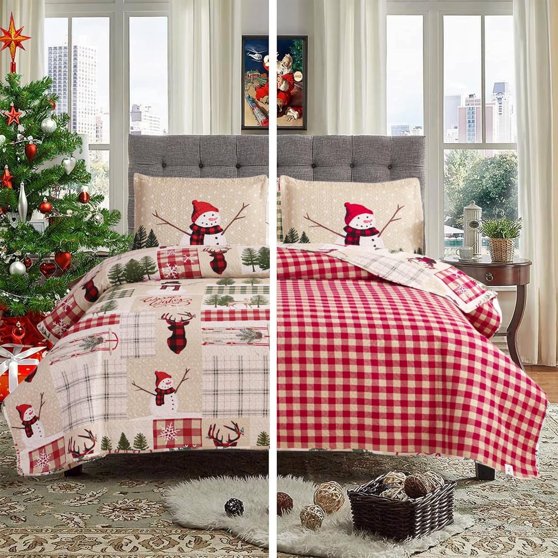 Jarson Christmas Quilt Set King Size 3-Piece Xmas Bedspread Reversible Coverlet Snowman Tree Design for New Year Bed Decor, Lightweight Bedding Cover for All Season(1 Quilt + 2 Pillow Shams, Beige)