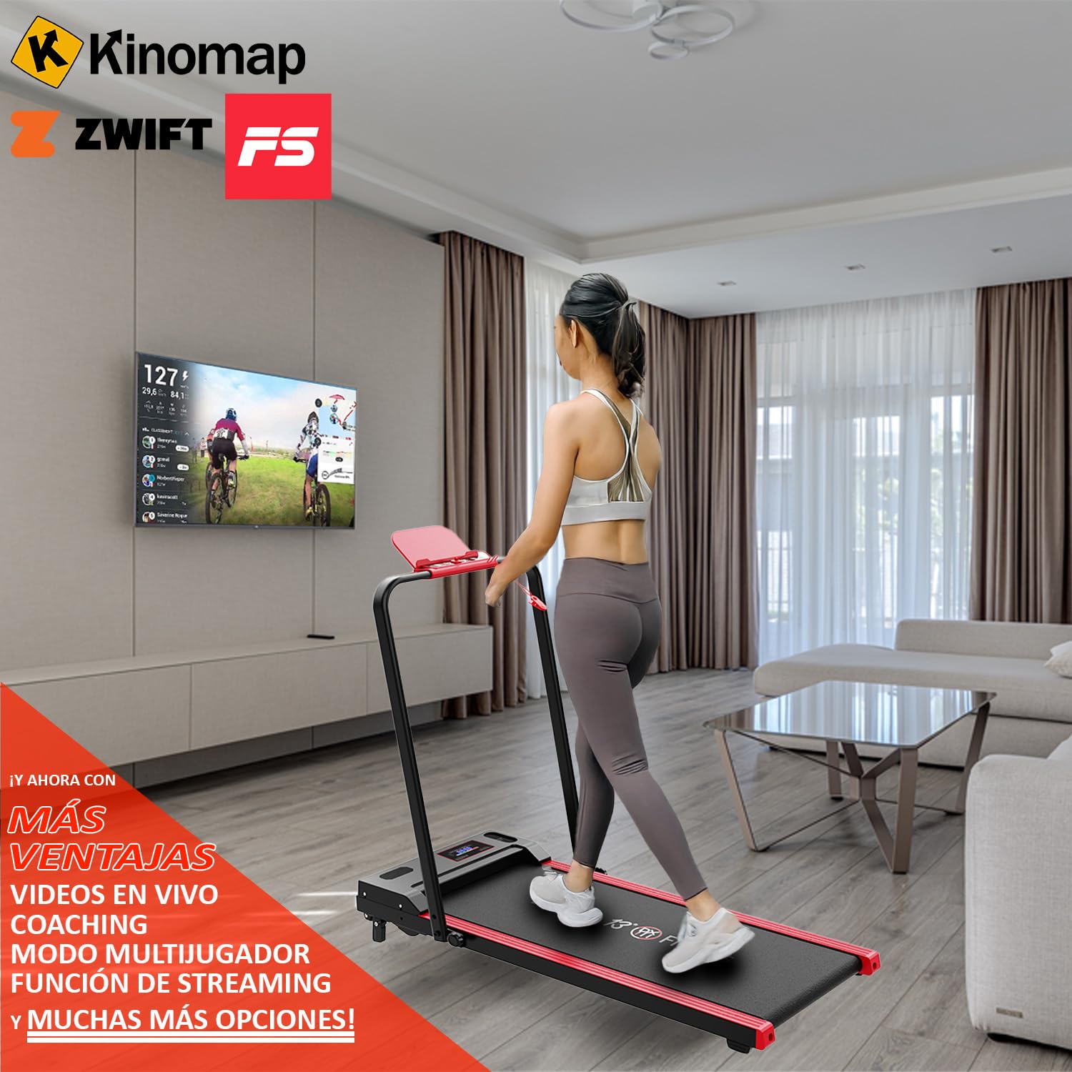 Cinta de Correr caminadora Eléctrica Plegable para Casa, Motor 1000W Silencioso, Velocidad 1-12 km/h, Pantalla LED, Rojo y Negro, con Ruedas, Soporte Tablet